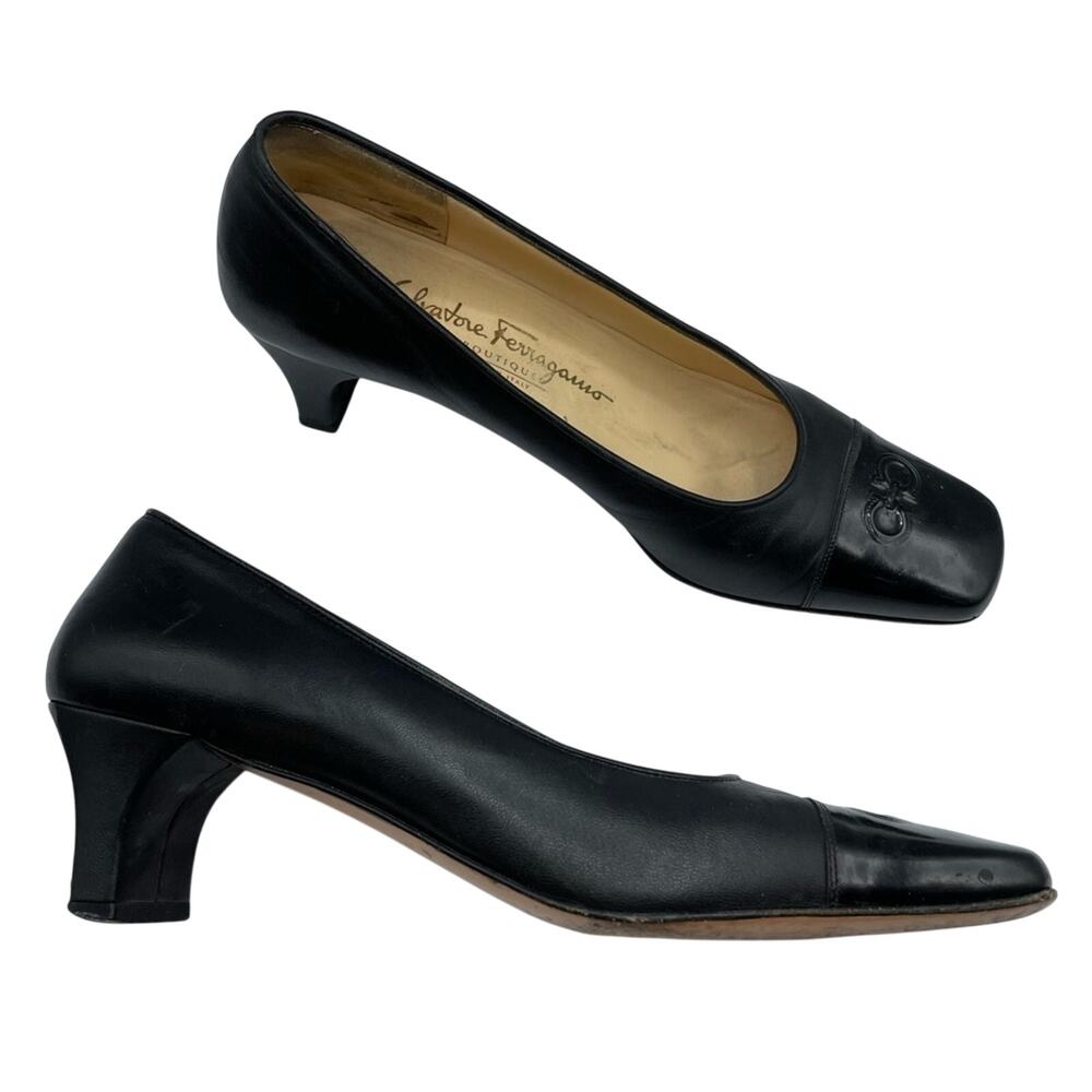 Salvatore Ferragamo Black Leather Vintage Square Toe Pumps 8 Classic Heels 90s